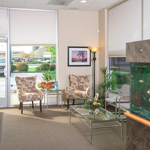 The comfortable waiting room of our office, with a big fish tank and magazines our patients can enjoy